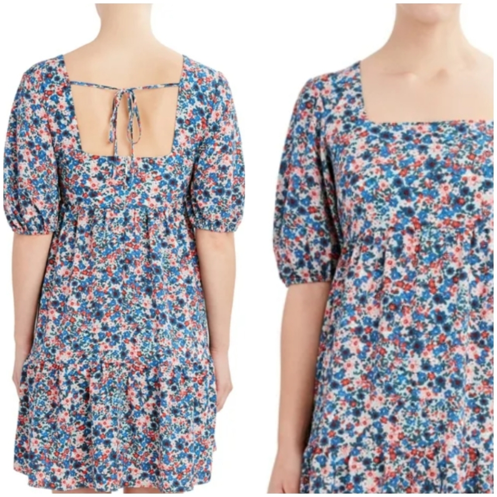 BCBG/Paris Scattered Floral Babydoll Bohemian Relaxed Puff Sleeve Prairie Dress